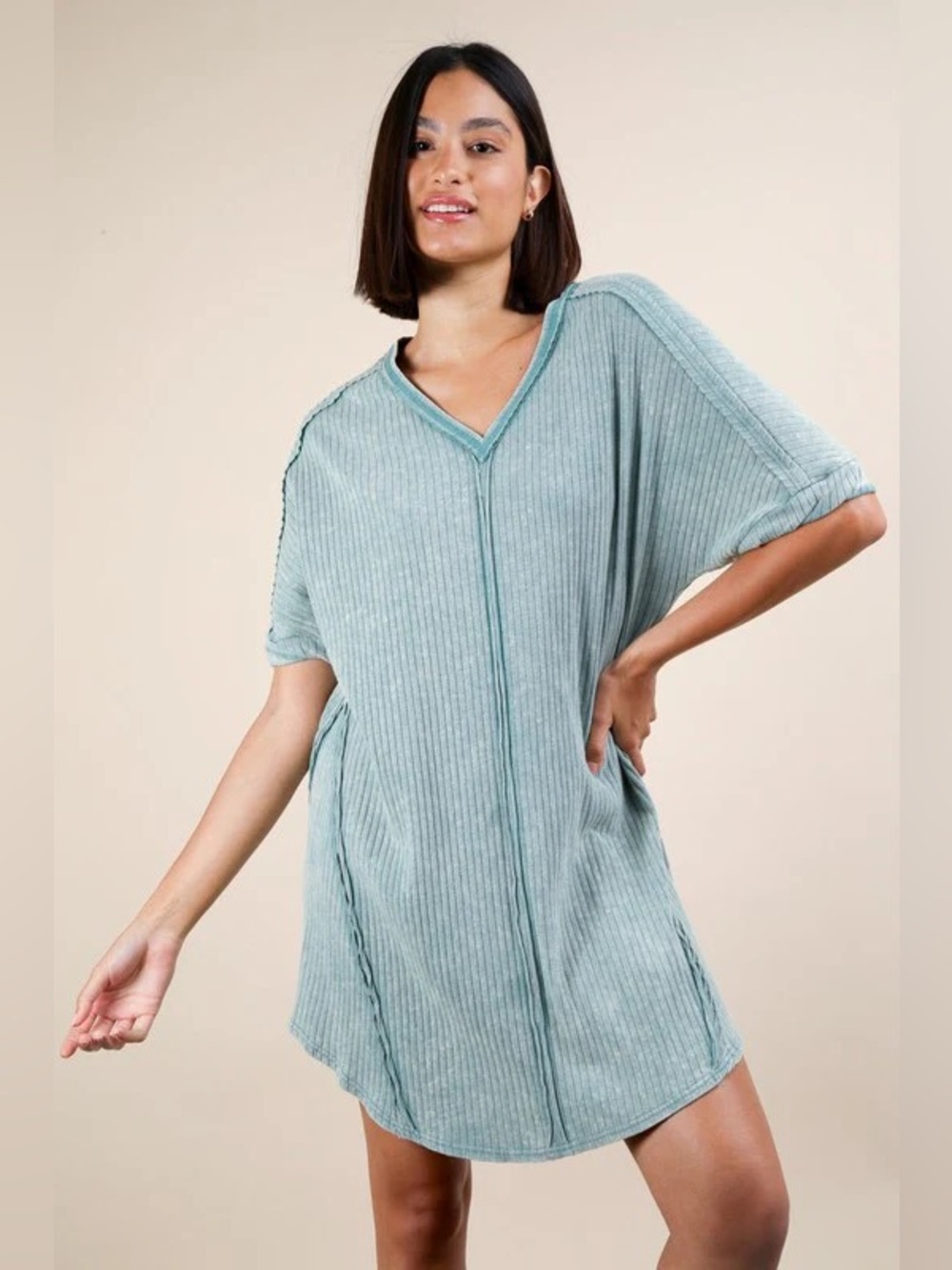 NWOT New In Mineral Washed Sage Oversized Ribbed Mini Dress SZ LG